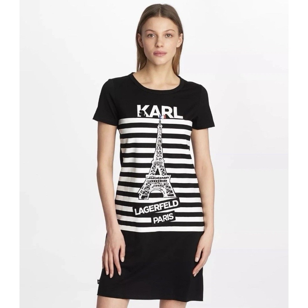 Karl Lagerfeld Paris Striped T-Shirt Dress Eiffel Tower‎ Graphic Black White S